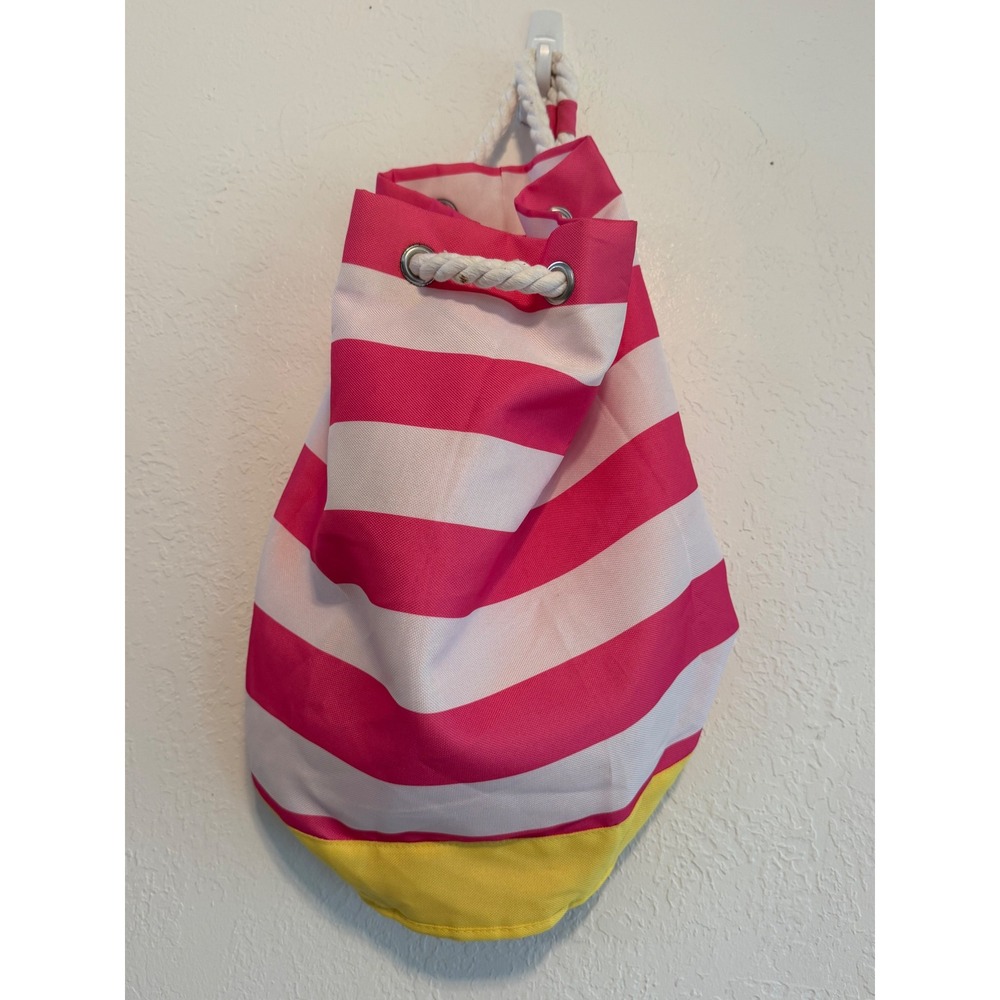 Clinique Pink White Striped Rope Handle Drawstring Bucket Beach Bag Yellow Base